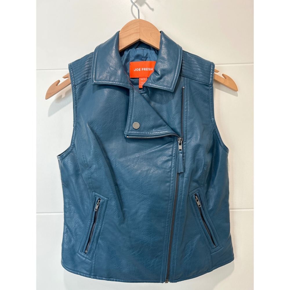 Joe Fresh Womens Faux Leather Moto Vest Teal Blue Asymmetric Zip WF7J105518 XS
